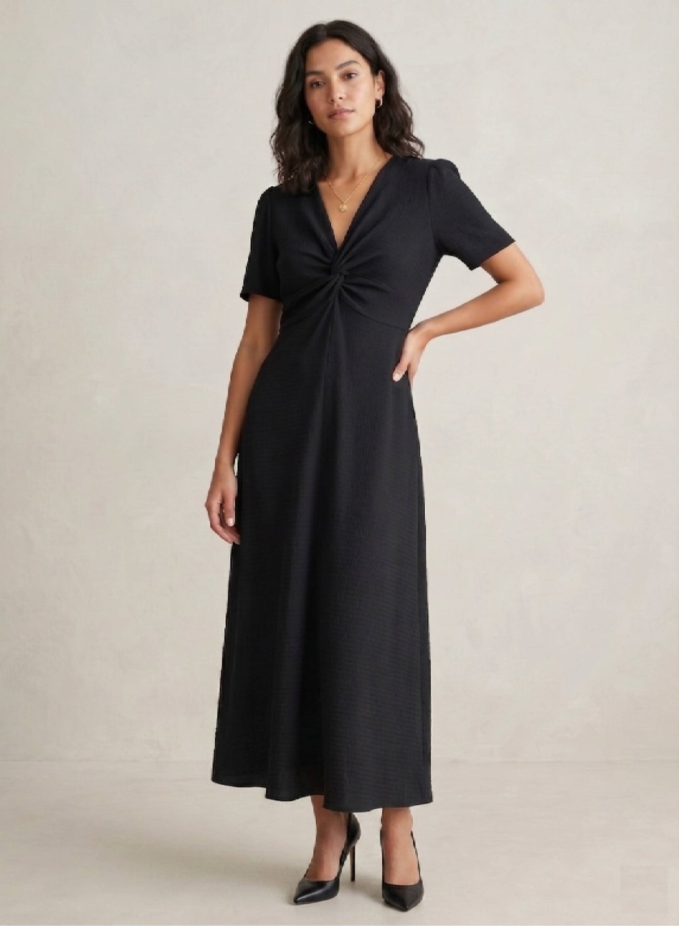 Black Textured Twist Front Maxi Dress For Women