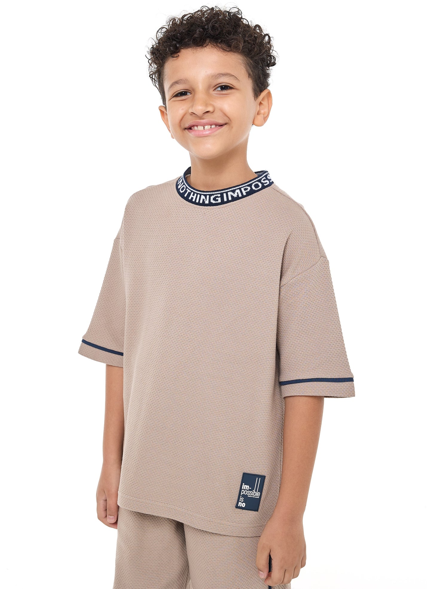 Victor and Jane Boys' Jacquard Set – Light Brown 2-Piece Outfit with Label Detail