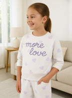 Girls More Love Heart-Print Fleece Tracksuit “ Cream & Lavender 2-Piece Set