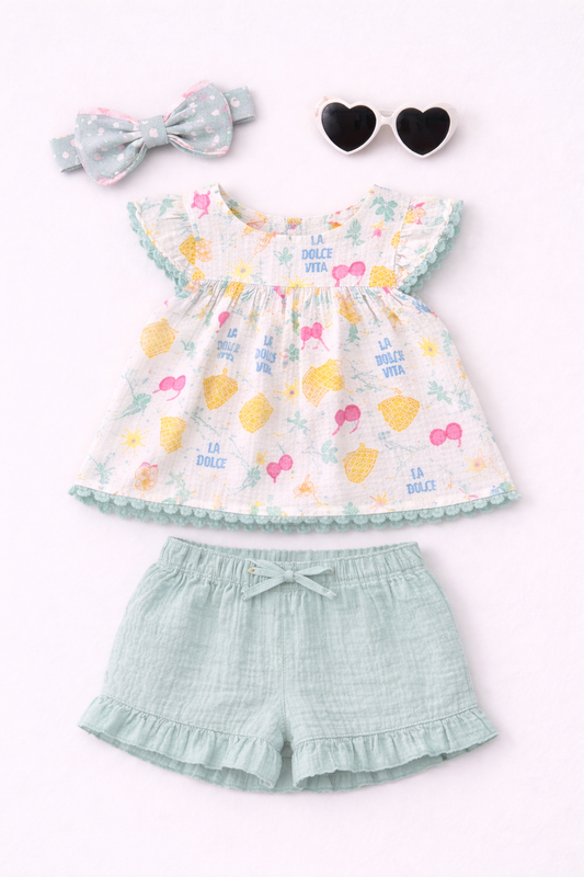 Baby Girls Printed Flutter Sleeve Top & Ruffle Shorts Set With Sunglasses