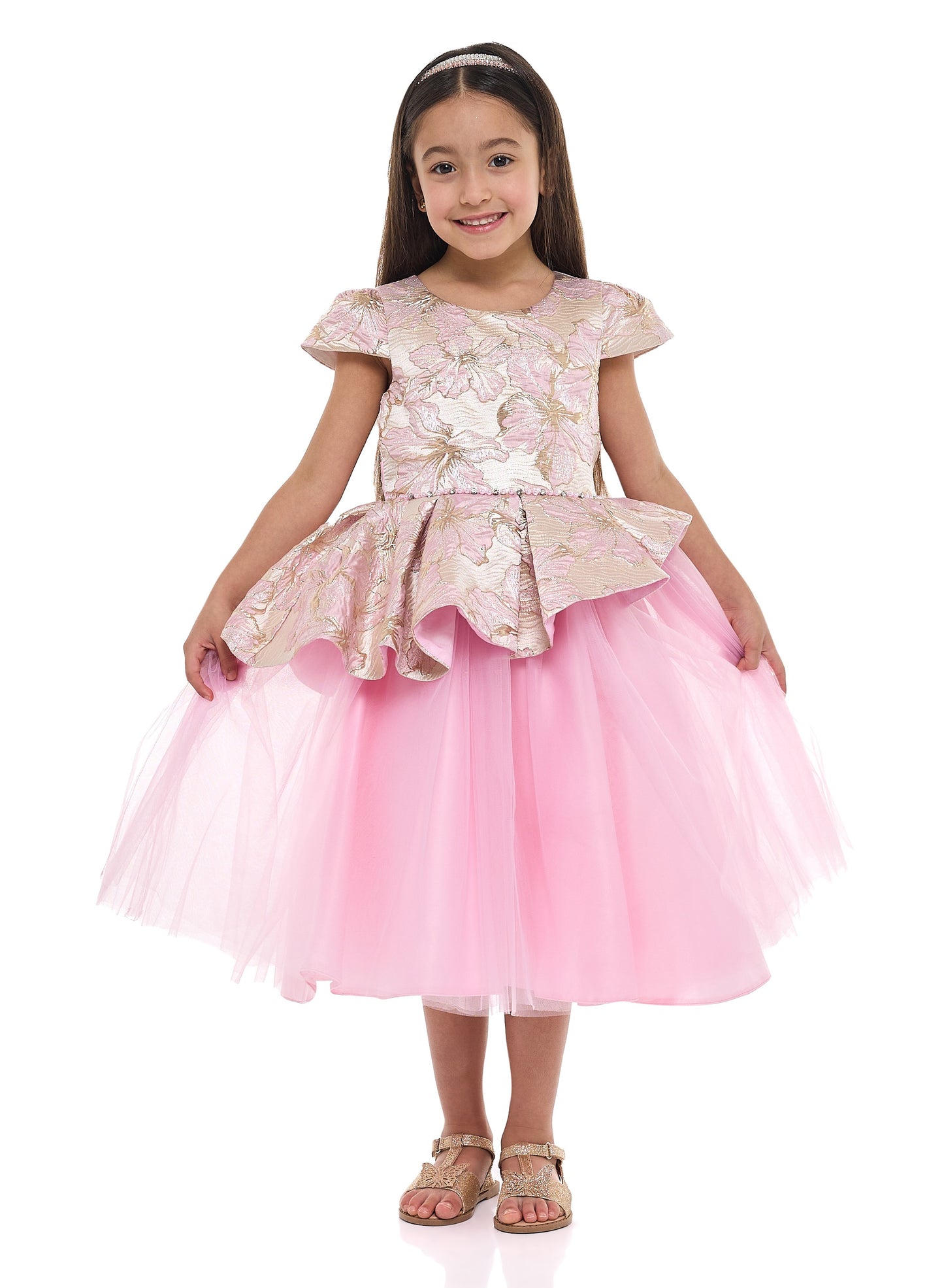 Girls Elegant Pink/Gold Jacquard & Tulle Party Dress