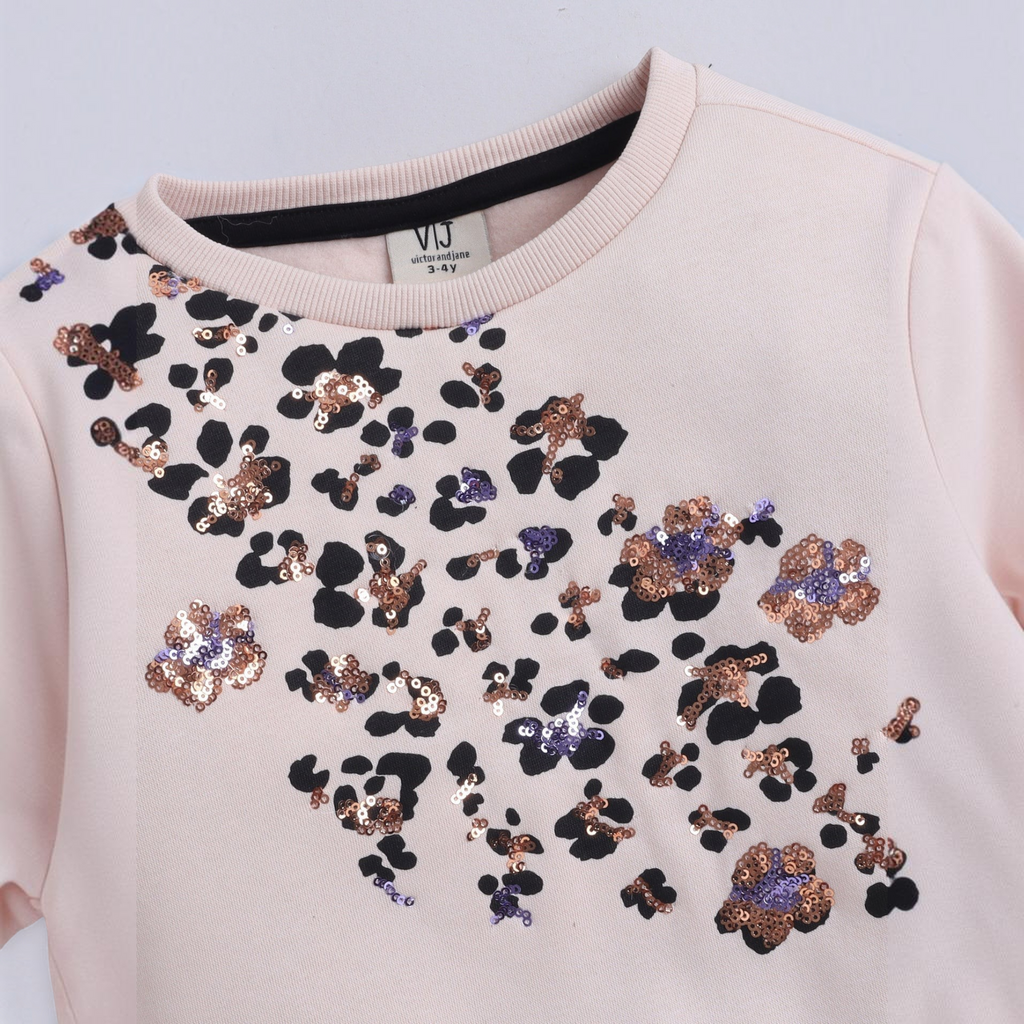 victor and jane girls light pink sweatshirt featuring a black and metallic sequin floral leopard print pattern
