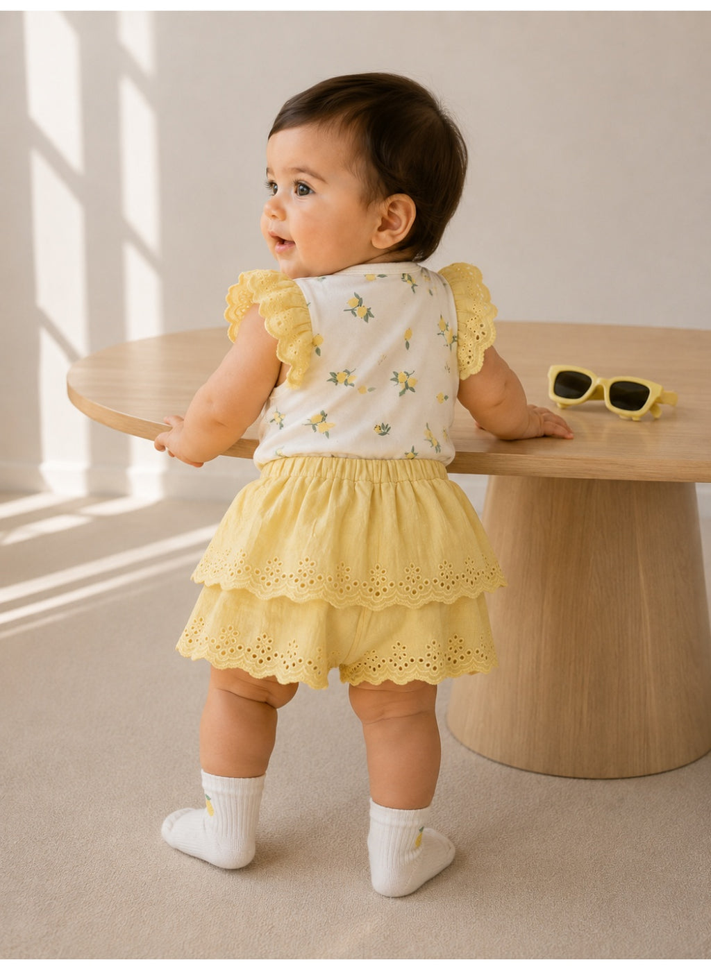 Baby Girls Lemon Print Bodysuit & Skirt Set with Sunglasses & Socks (4-Piece Set)