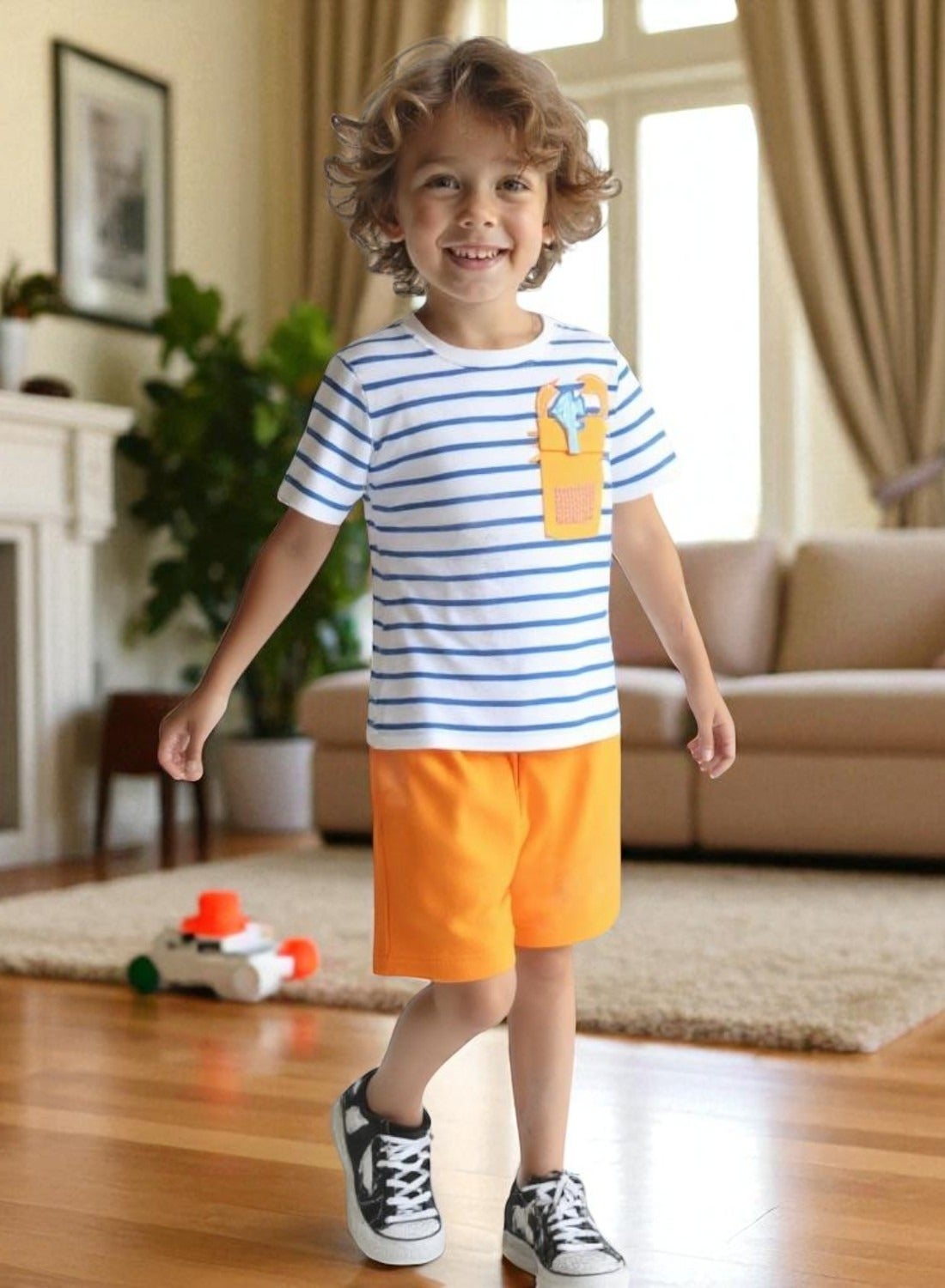 Victor and Jane Infant 2PC Set, Stripes T-Shirt with Cute Tiger Pocket And Blue Shorts