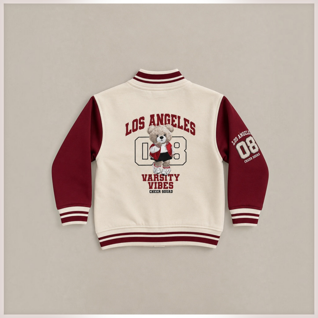 victor and jane girls varsity jacket in cream and maroon fleece with Los Angeles bear graphic on the back