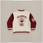 victor and jane girls varsity jacket in cream and maroon fleece with Los Angeles bear graphic on the back