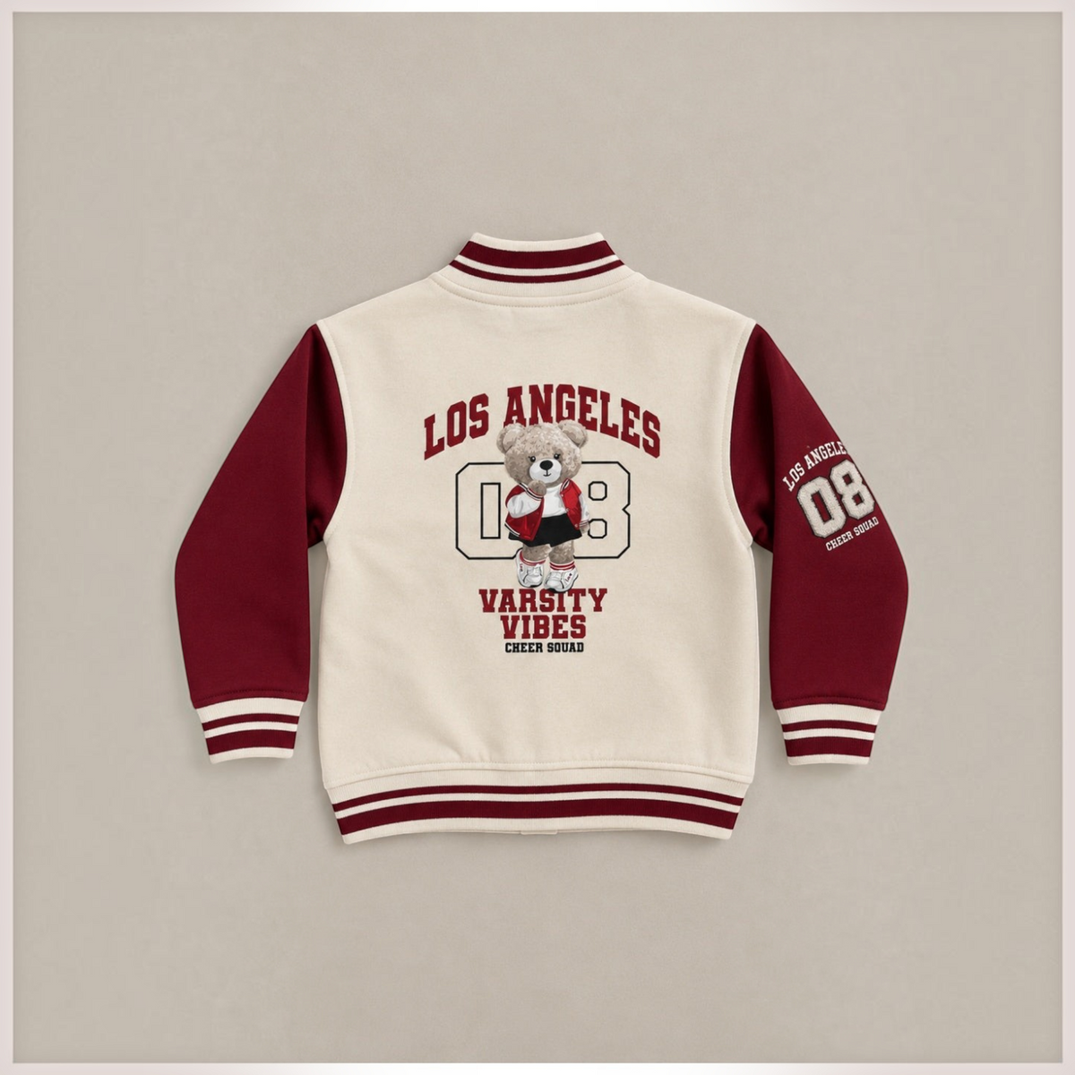 victor and jane girls varsity jacket in cream and maroon fleece with Los Angeles bear graphic on the back