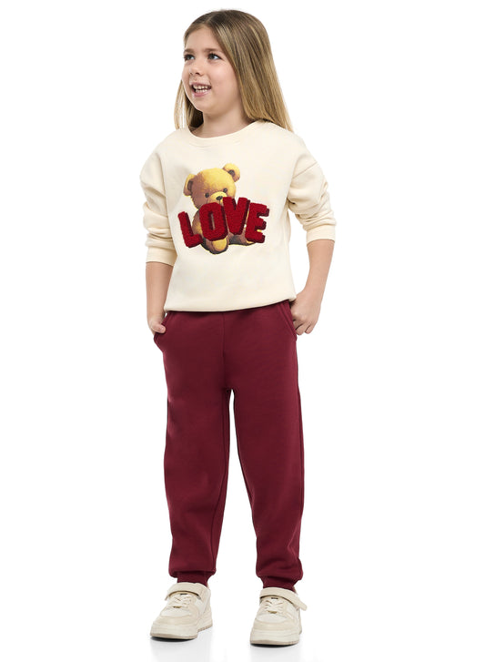 Girls Teddy Love Fleece Tracksuit – Cream & Burgundy 2-Piece Set