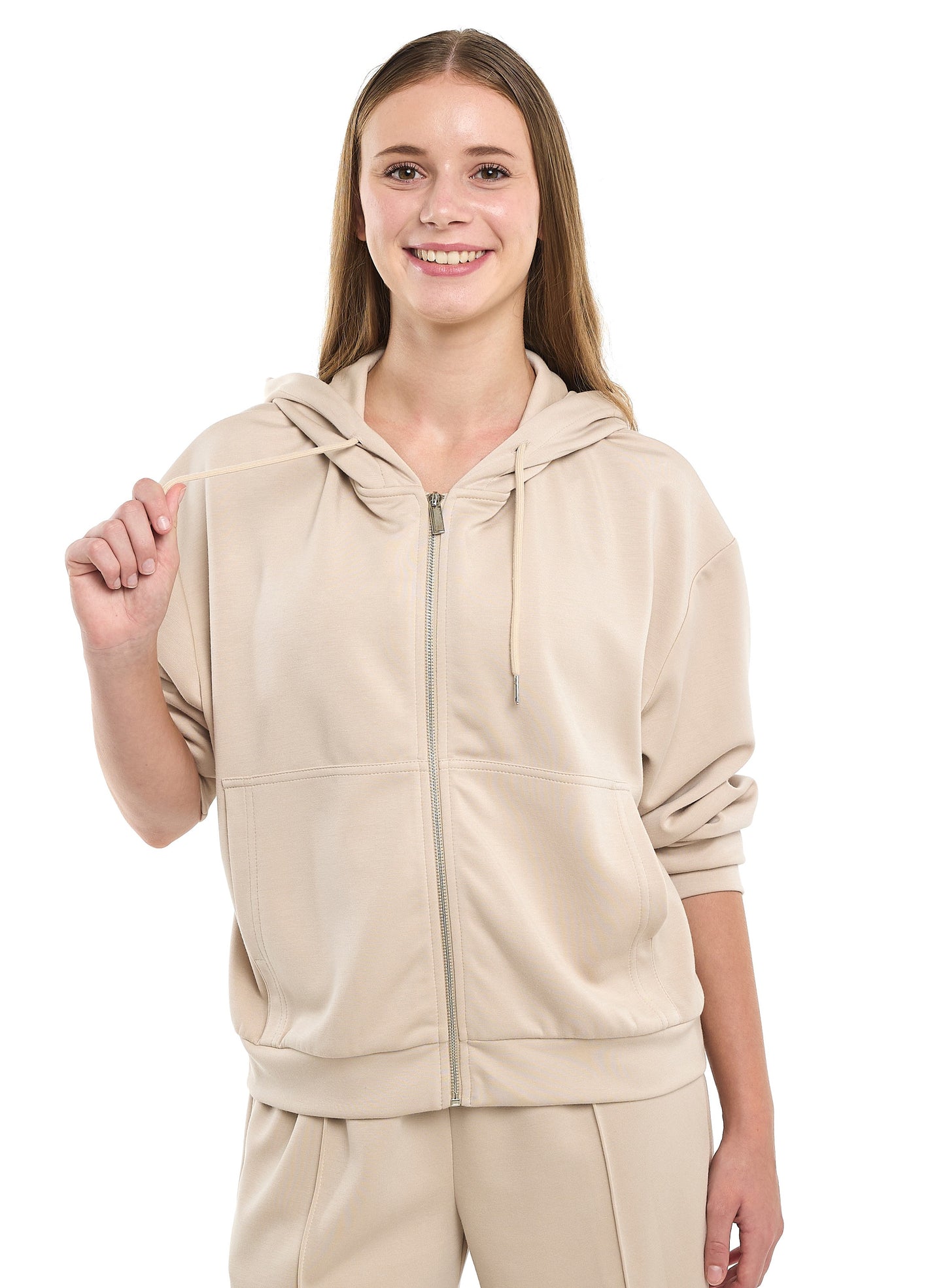 Ladies 2 Piece Set- Beige Zip-Up Hoodie & Wide-Leg Trousers Set