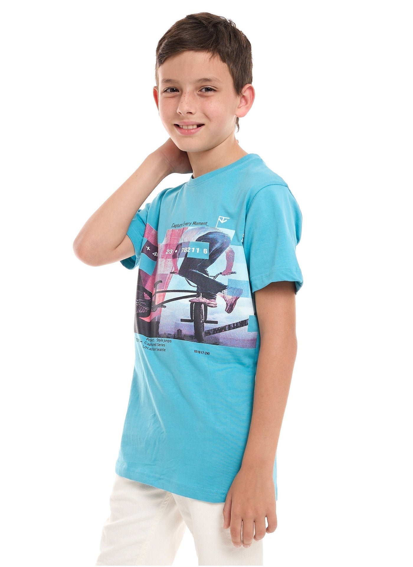 Victor and Jane  Cotton Cycling Stunt Graphic T-Shirt - Blue