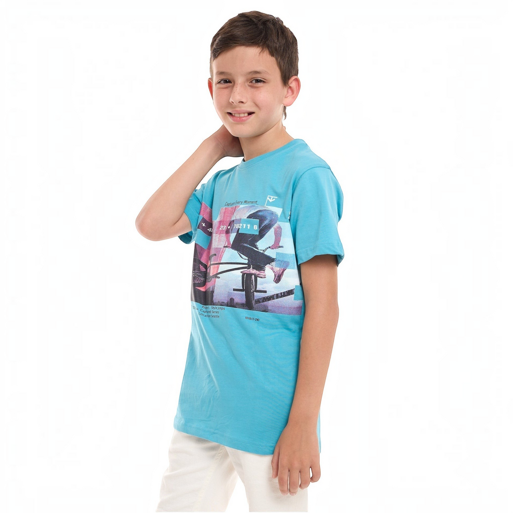 victor and jane light blue graphic t-shirt featuring a BMX rider print worn by a young boy