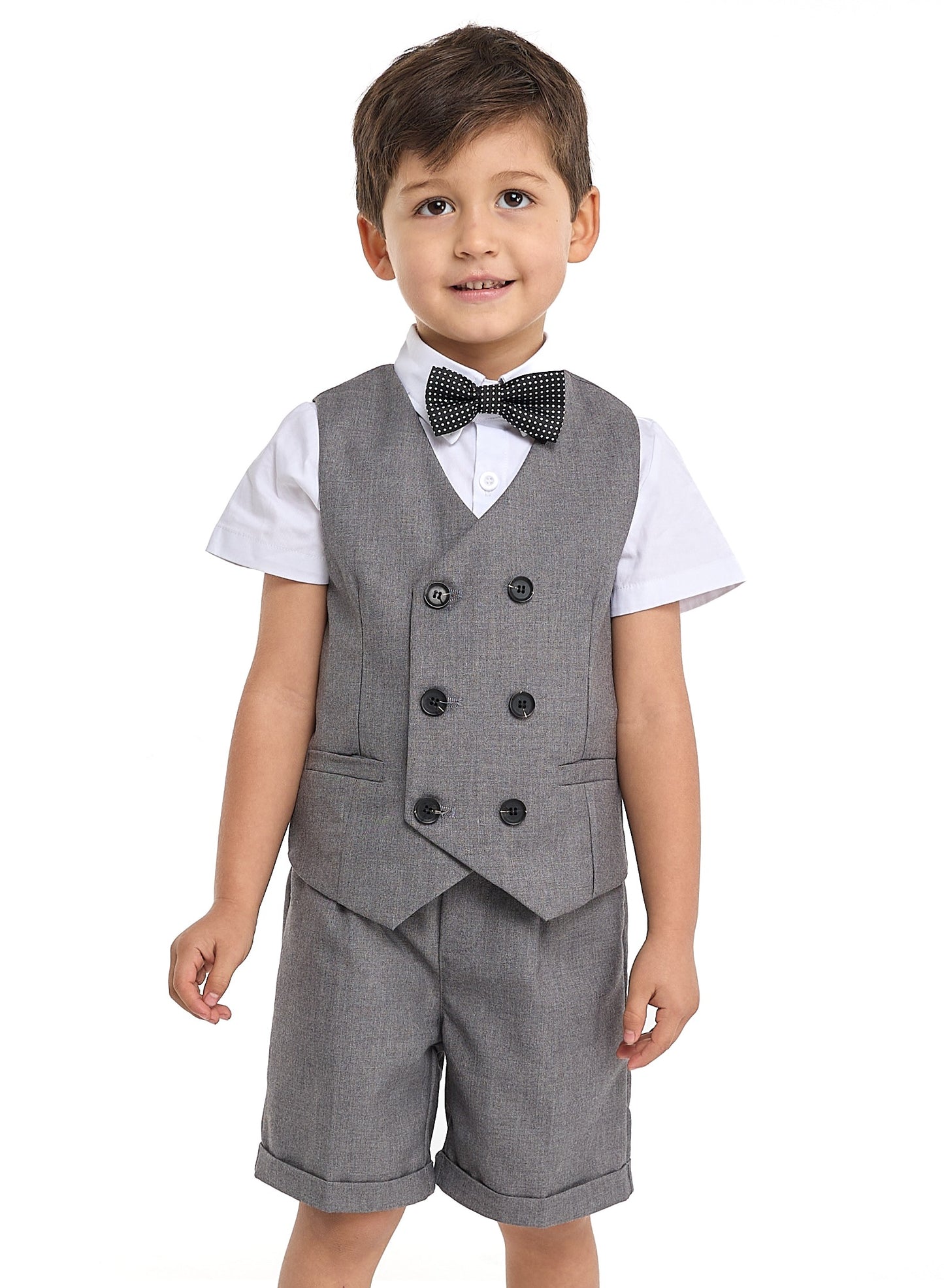 Gray Waistcoat And Short Set With Shirt And Bow Tie