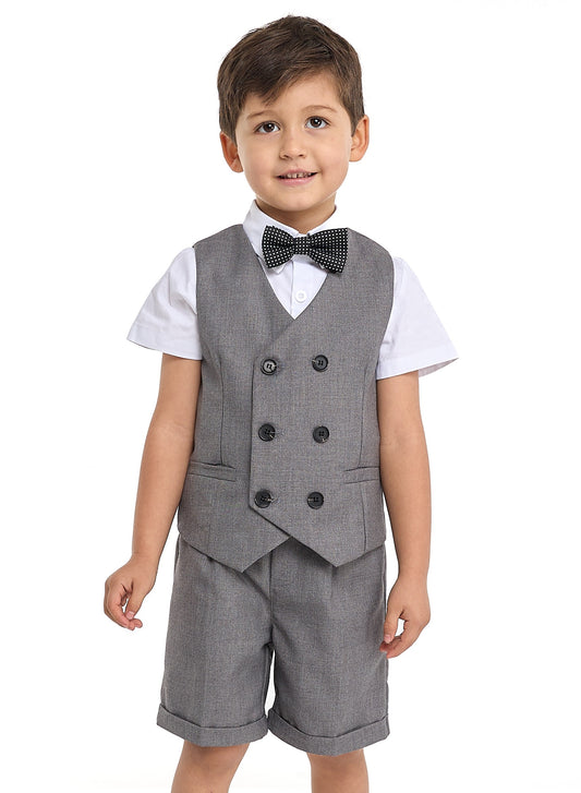 Gray Waistcoat And Short Set With Shirt And Bow Tie