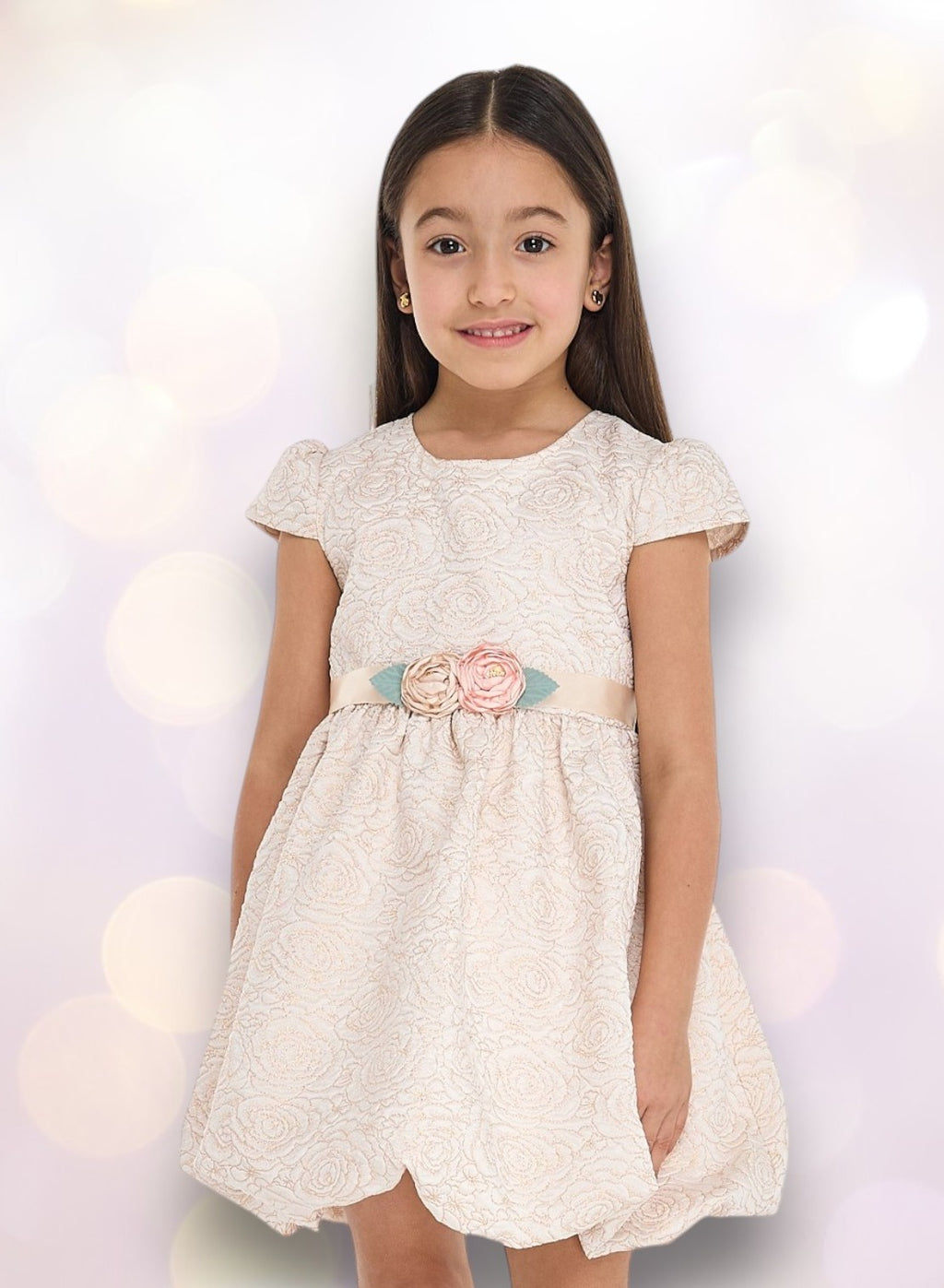 Girls Elegant Gold Jacquard Party Dress