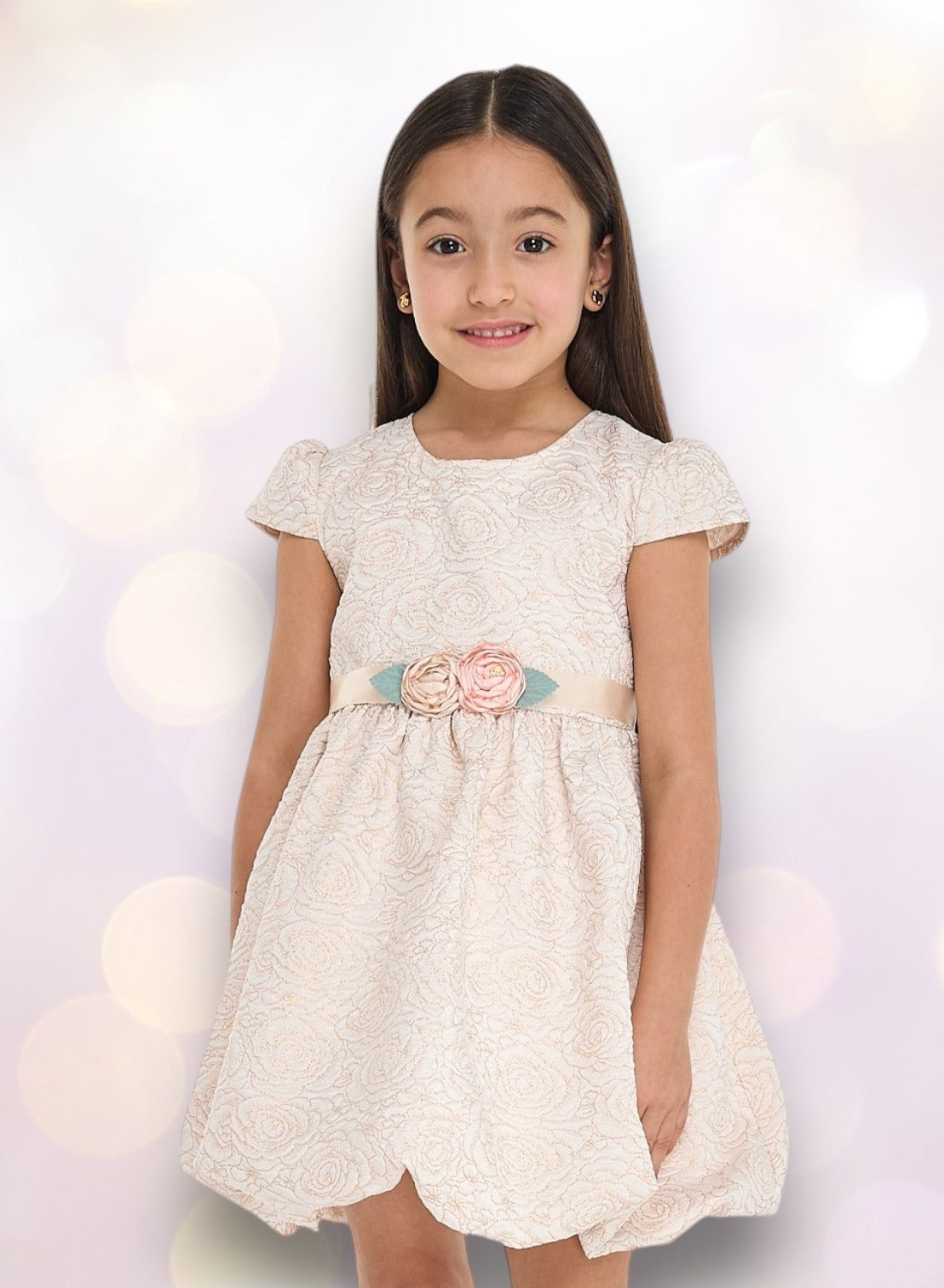 Girls Elegant Gold Jacquard Party Dress