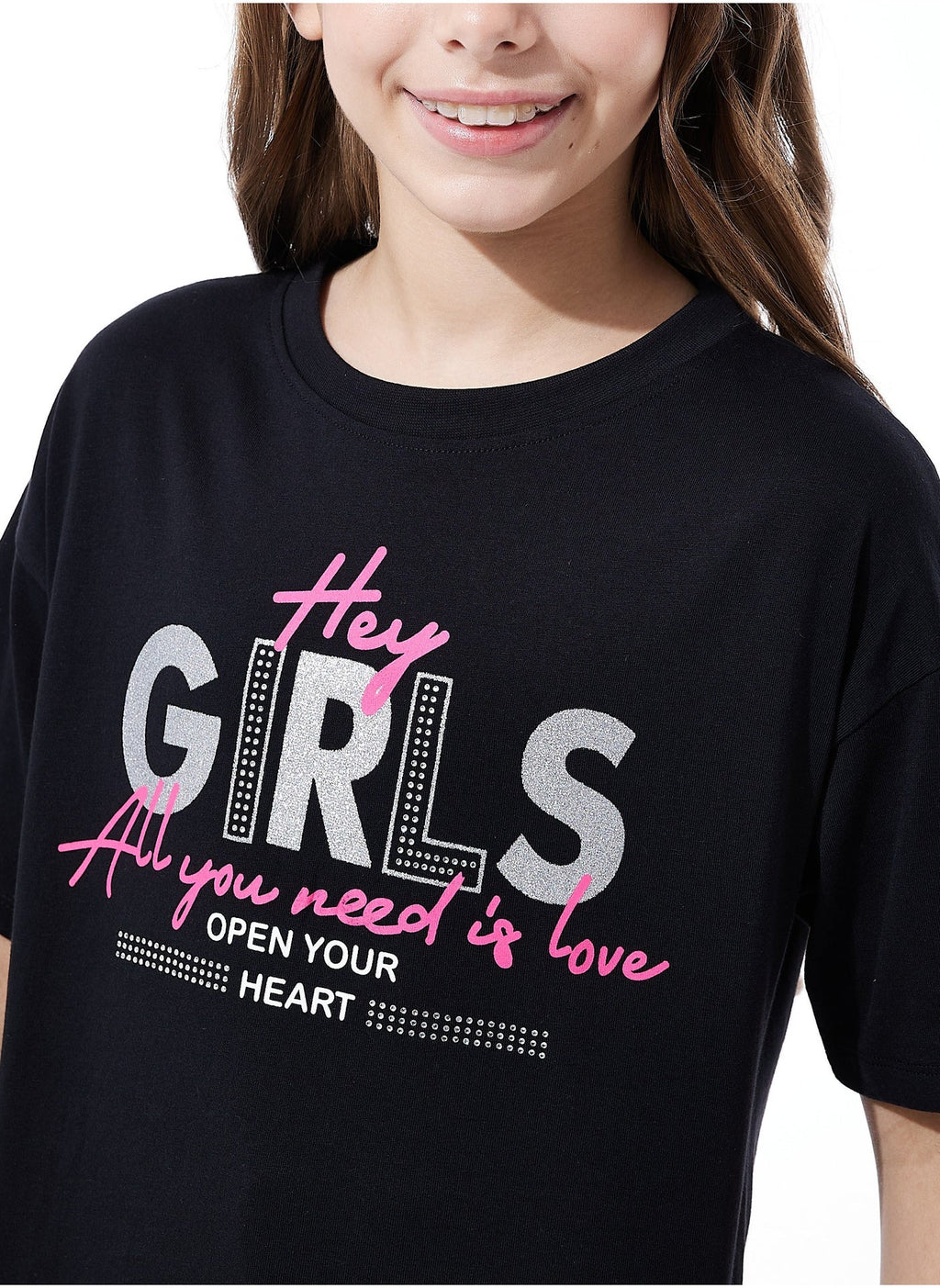Victor And Jane Girls Graphic Oversized Fashion T-Shirt - Black