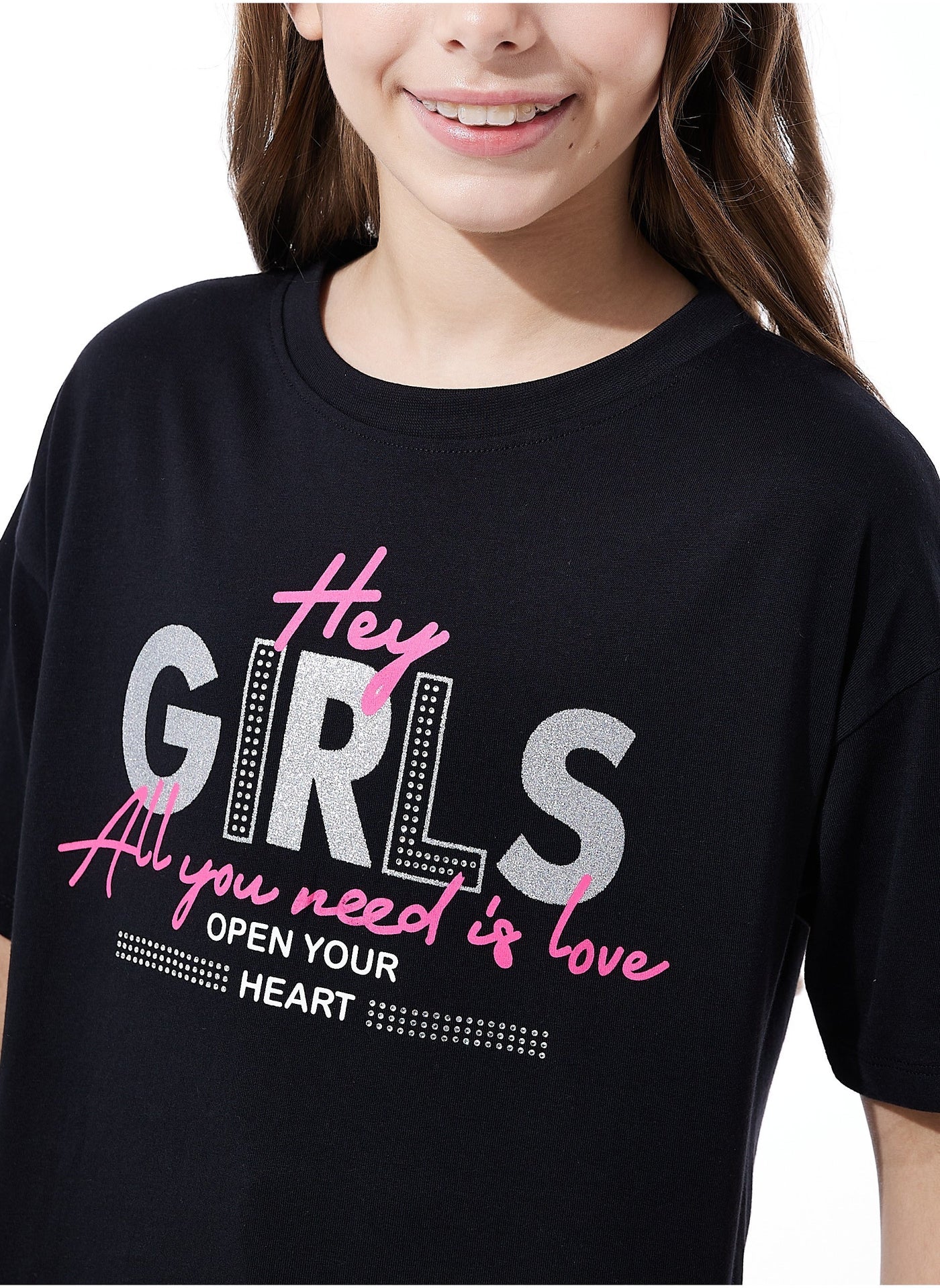 Victor And Jane Girls Graphic Oversized Fashion T-Shirt - Black