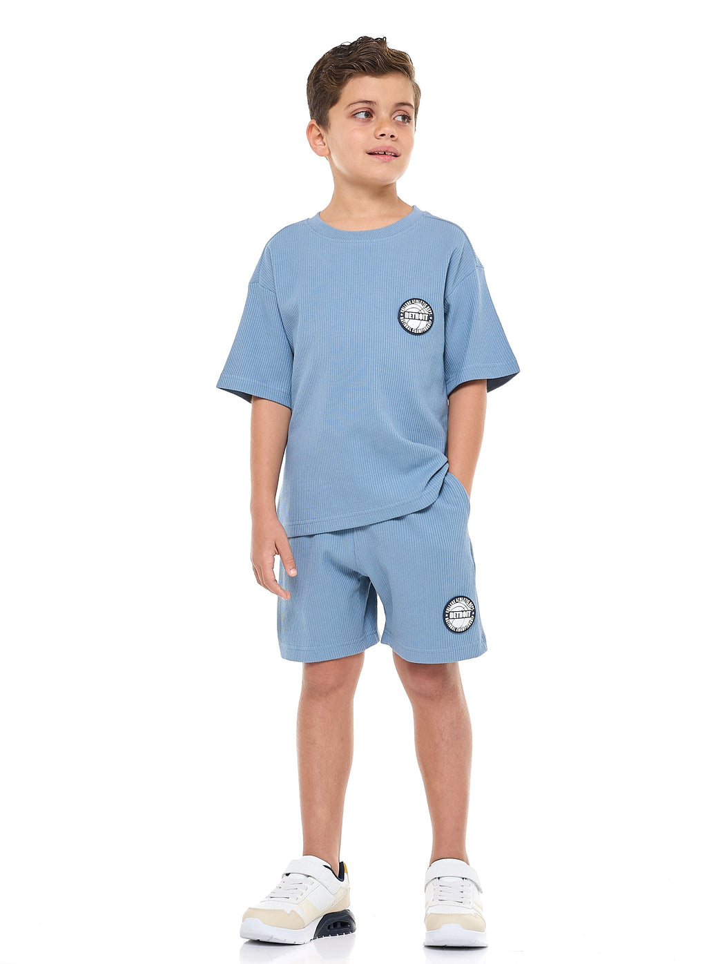 Victor And Jane Boys' Jacquard Powder Blue 2-Piece Outfit With Shirt & Shorts