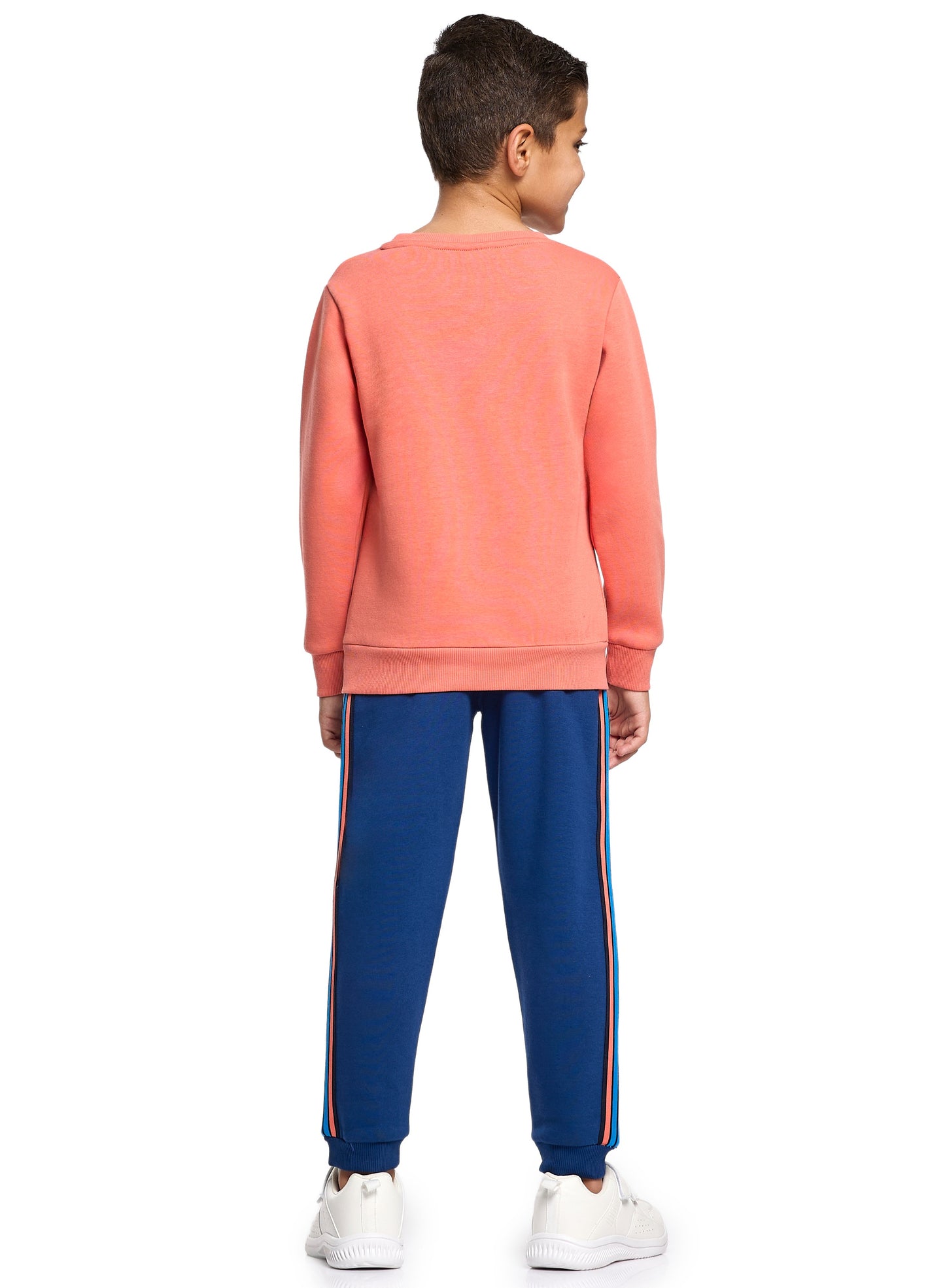 Boys’ Warm Fleece Sweatshirt & Jogger Set – “Adventure” Graphic | Coral & Navy