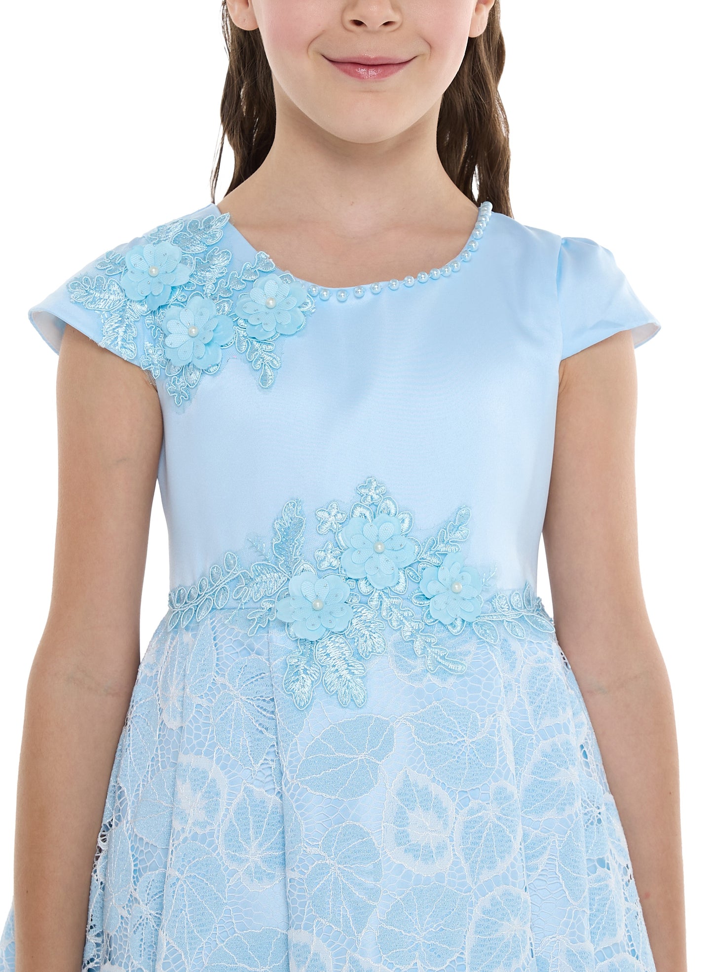 Chic Sky Blue Satin & Lace Party Dress With Mesh & Decoration