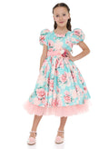 Victor And Jane Floral Satin Dress With Mesh Edge