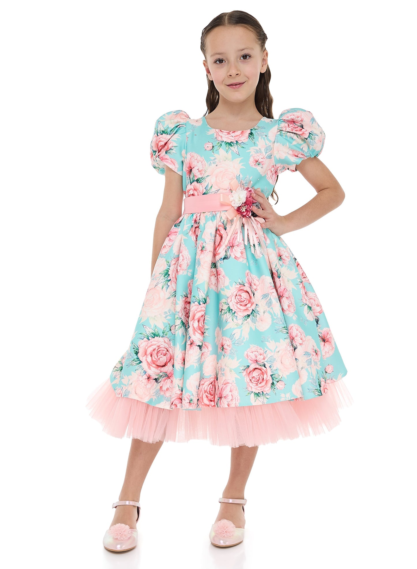 Victor And Jane Floral Satin Dress With Mesh Edge