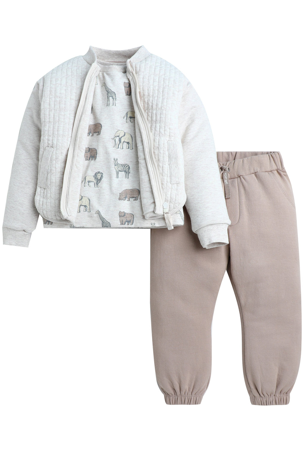 Dirkje Animals Printed Full Sleeves T-Shirt With Pant And Jacket Set - White/Beige