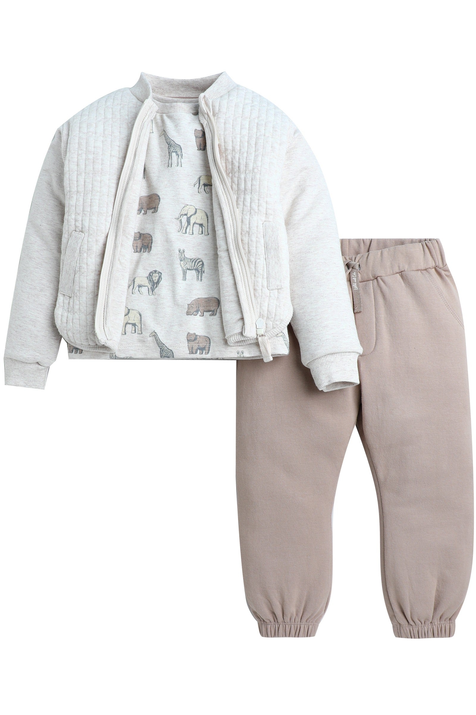 Dirkje Animals Printed Full Sleeves T-Shirt With Pant And Jacket Set - White/Beige