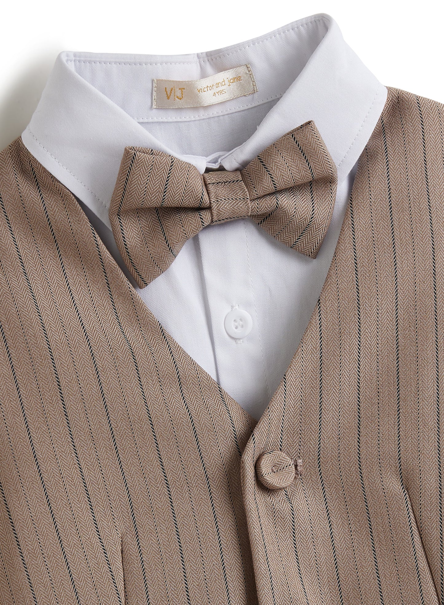Stripe Beige Waistcoat And Pant Set With Shirt And Bow Tie