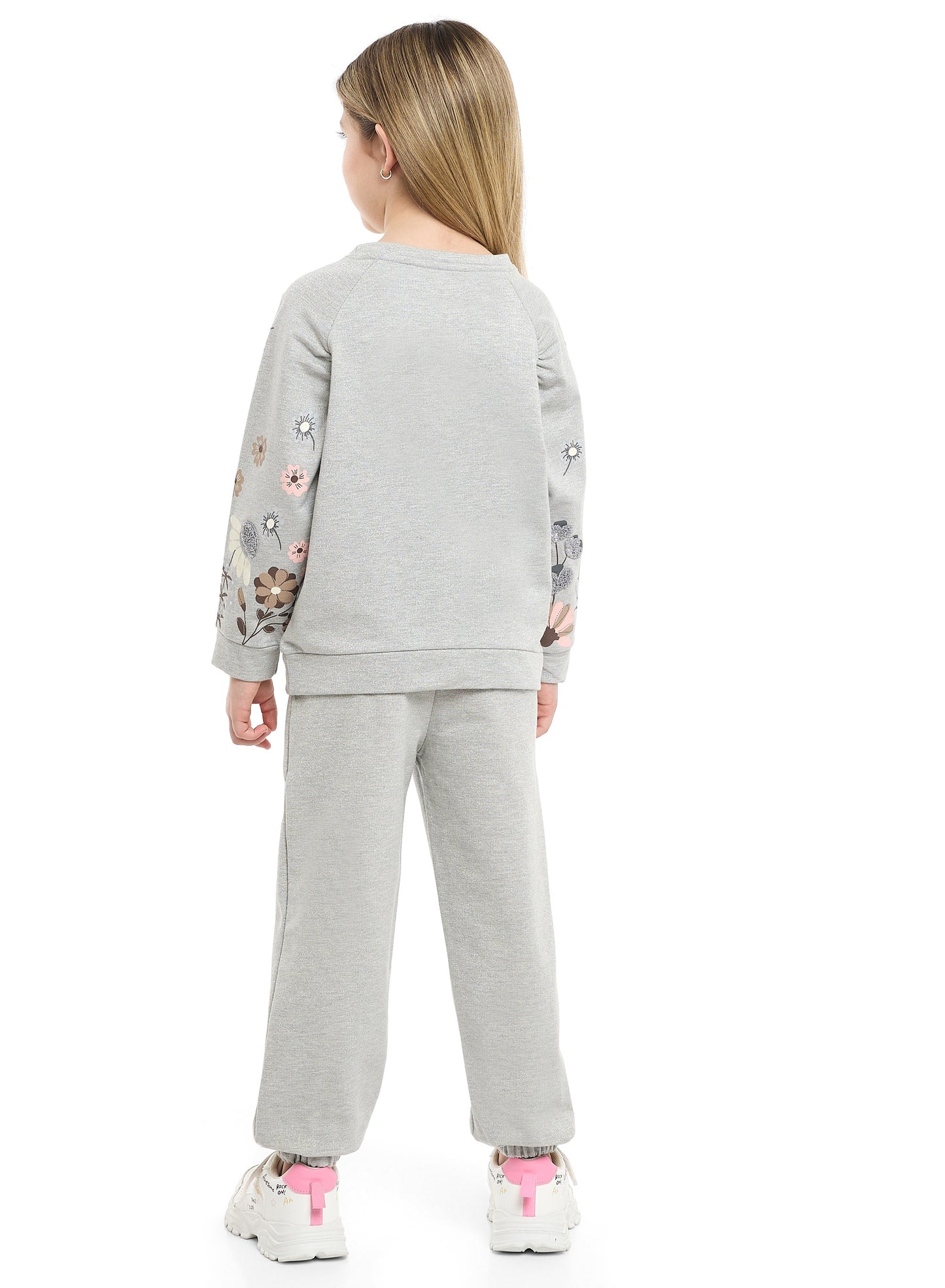 Girls Floral Sleeve Fleece Tracksuit – Light Grey 2-Piece Set