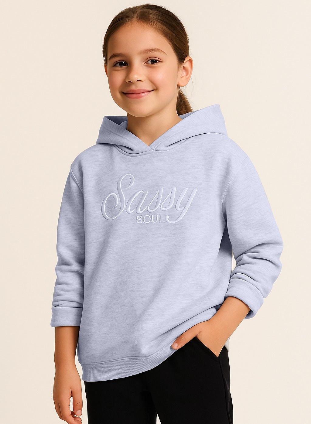 “Sassy Soul” Girls' Graphic Hoodie – Heather Grey | 100% Cotton Fleece |