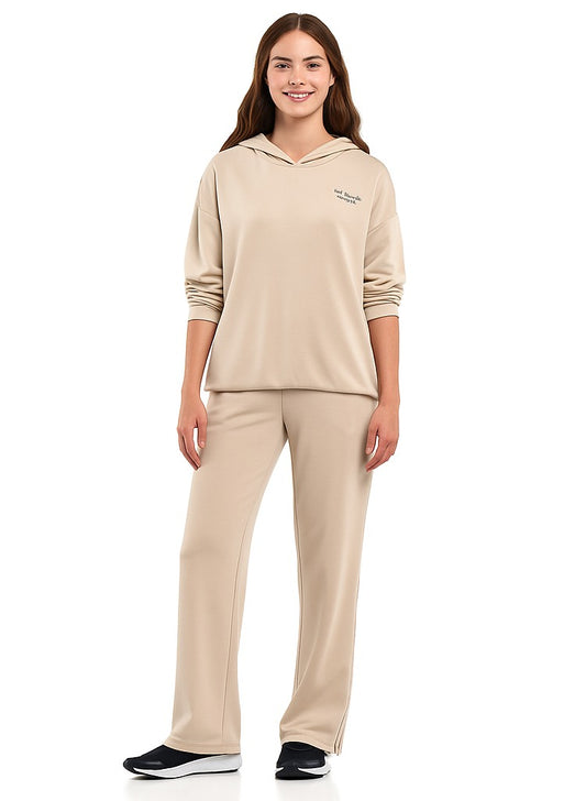 Girls 2 Piece Set - Snap-Hem Wide-Leg Trousers & Hoodie Set - Oatmeal