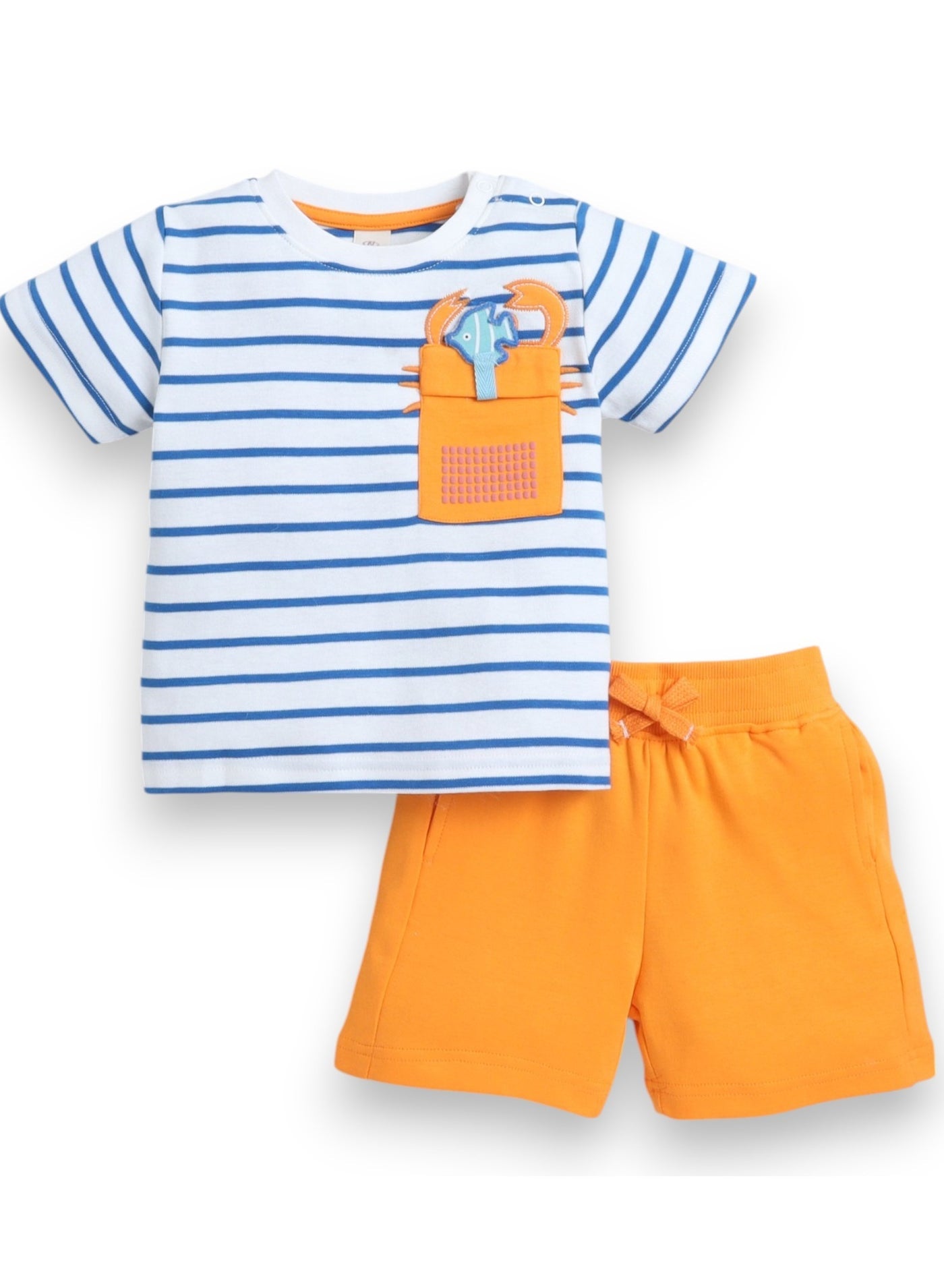 Victor and Jane Infant 2PC Set, Stripes T-Shirt with Cute Tiger Pocket And Blue Shorts