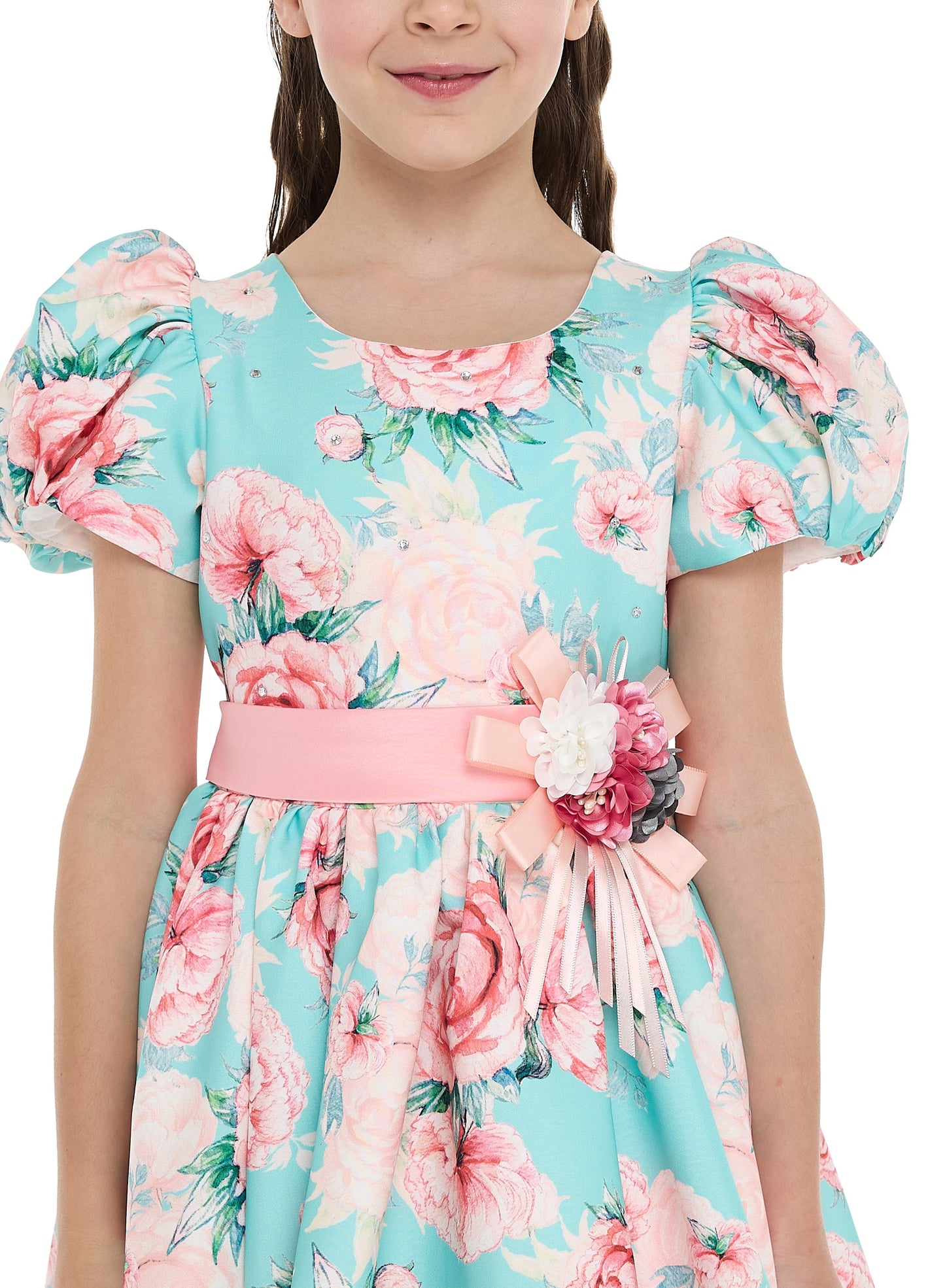 Victor And Jane Floral Satin Dress With Mesh Edge