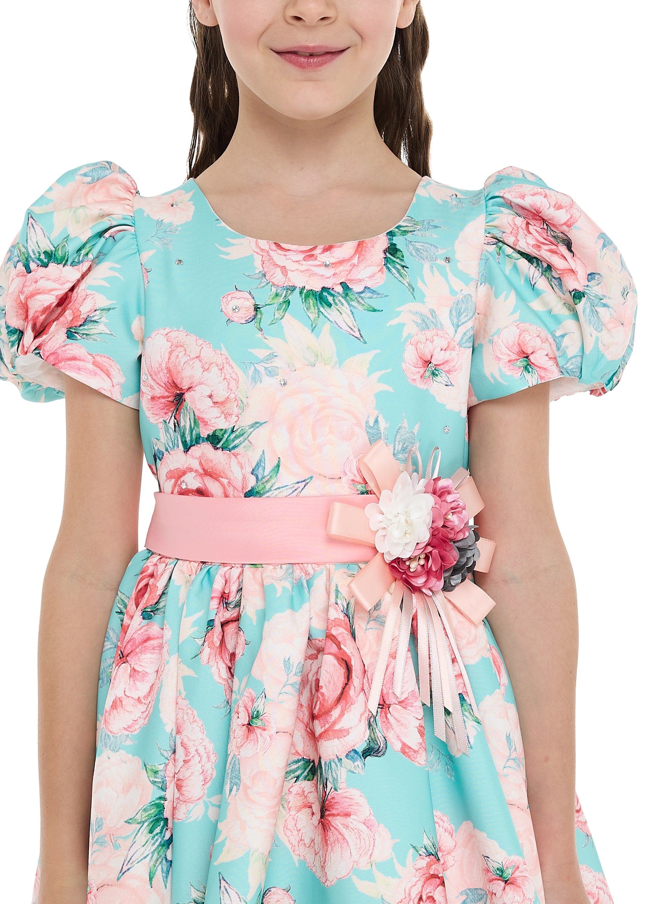 Victor And Jane Floral Satin Dress With Mesh Edge