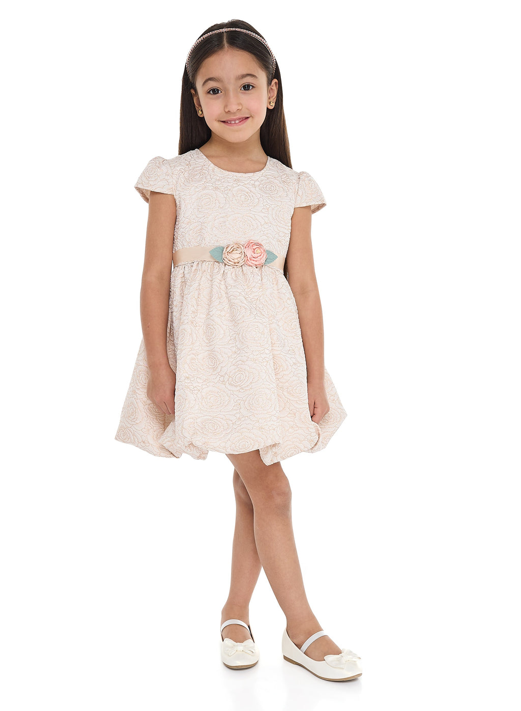 Girls Elegant Gold Jacquard Party Dress