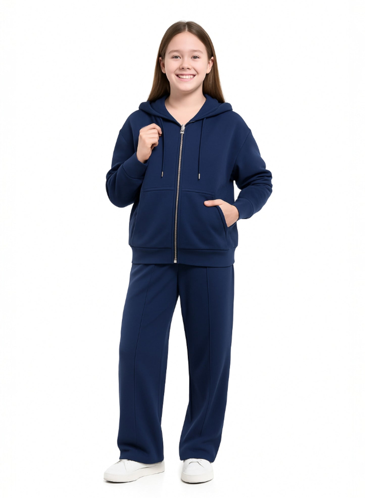 Girls 2 Piece Set- Navy Zip-Up Hoodie & Wide-Leg Trousers Set