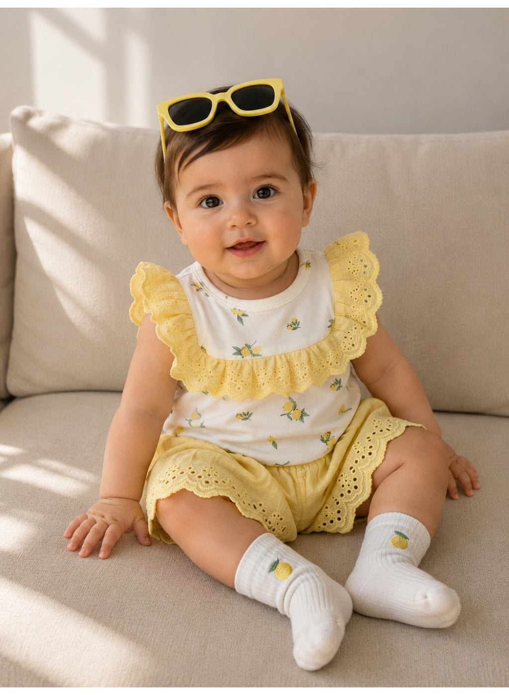 Baby Girls Lemon Print Bodysuit & Skirt Set with Sunglasses & Socks (4-Piece Set)