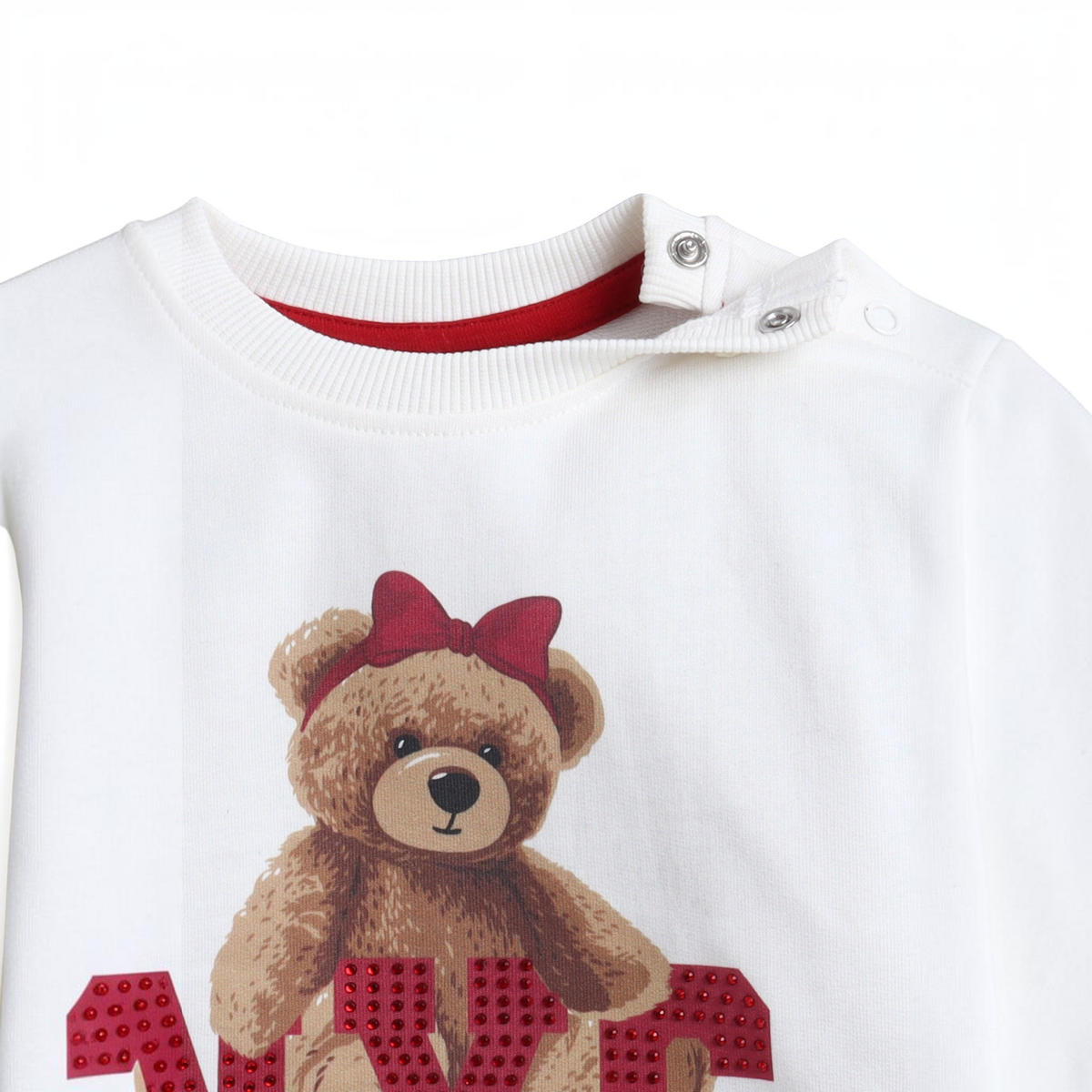 victor and jane white long-sleeve sweatshirt for girls featuring a teddy bear print with red rhinestone details
