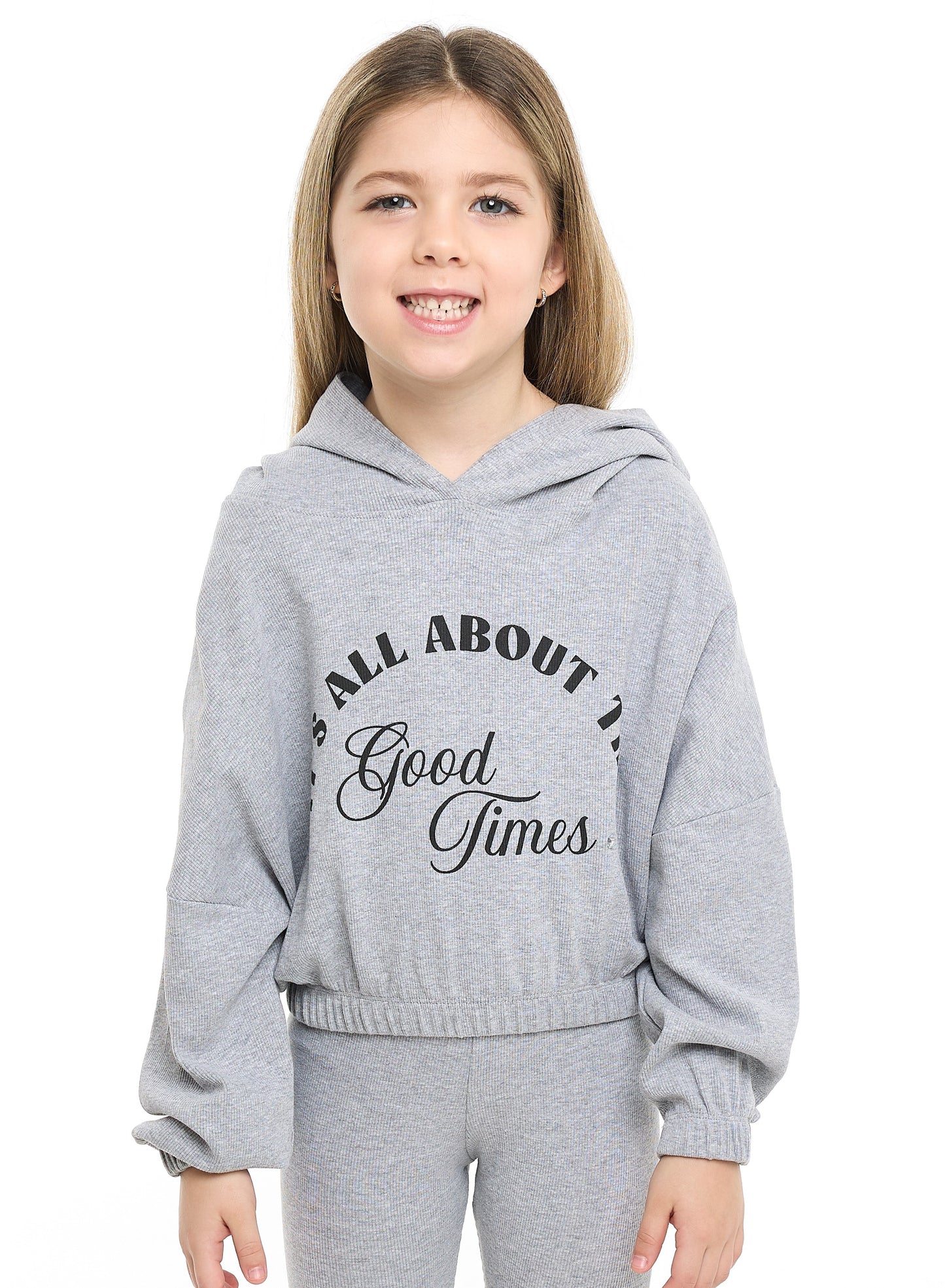 Girls Good Vibes Fleece Tracksuit – Light Grey 2-Piece Set