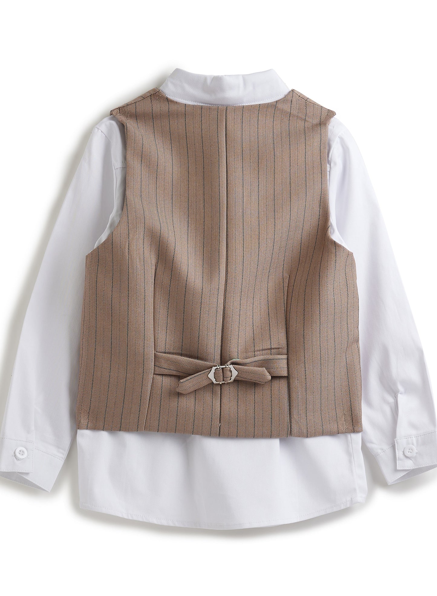 Stripe Beige Waistcoat And Pant Set With Shirt And Bow Tie