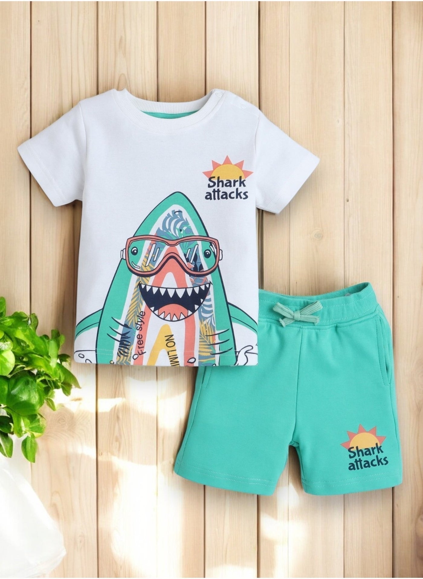 Victor and Jane Infant 2PC Set, T-Shirt with Cute Shark And Green Shorts