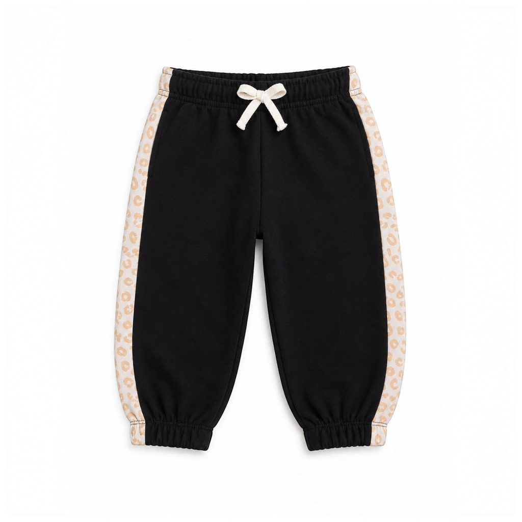 victor and jane girls black cotton french terry jogger pants with beige leopard print side stripes and drawstring