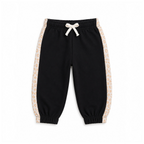 victor and jane girls black cotton french terry jogger pants with beige leopard print side stripes and drawstring