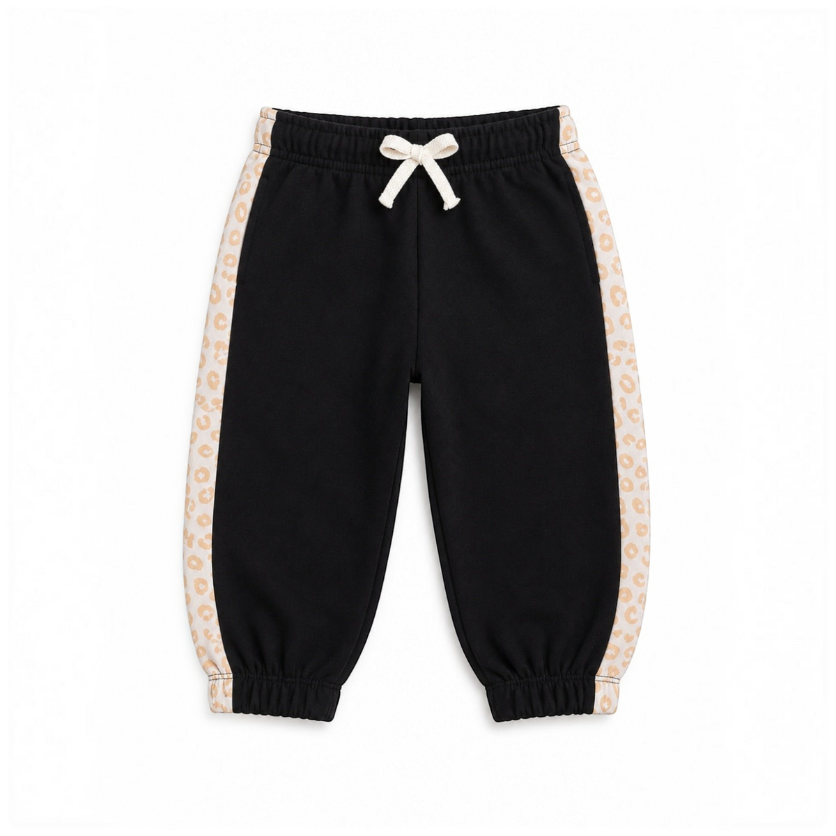 victor and jane girls black cotton french terry jogger pants with beige leopard print side stripes and drawstring