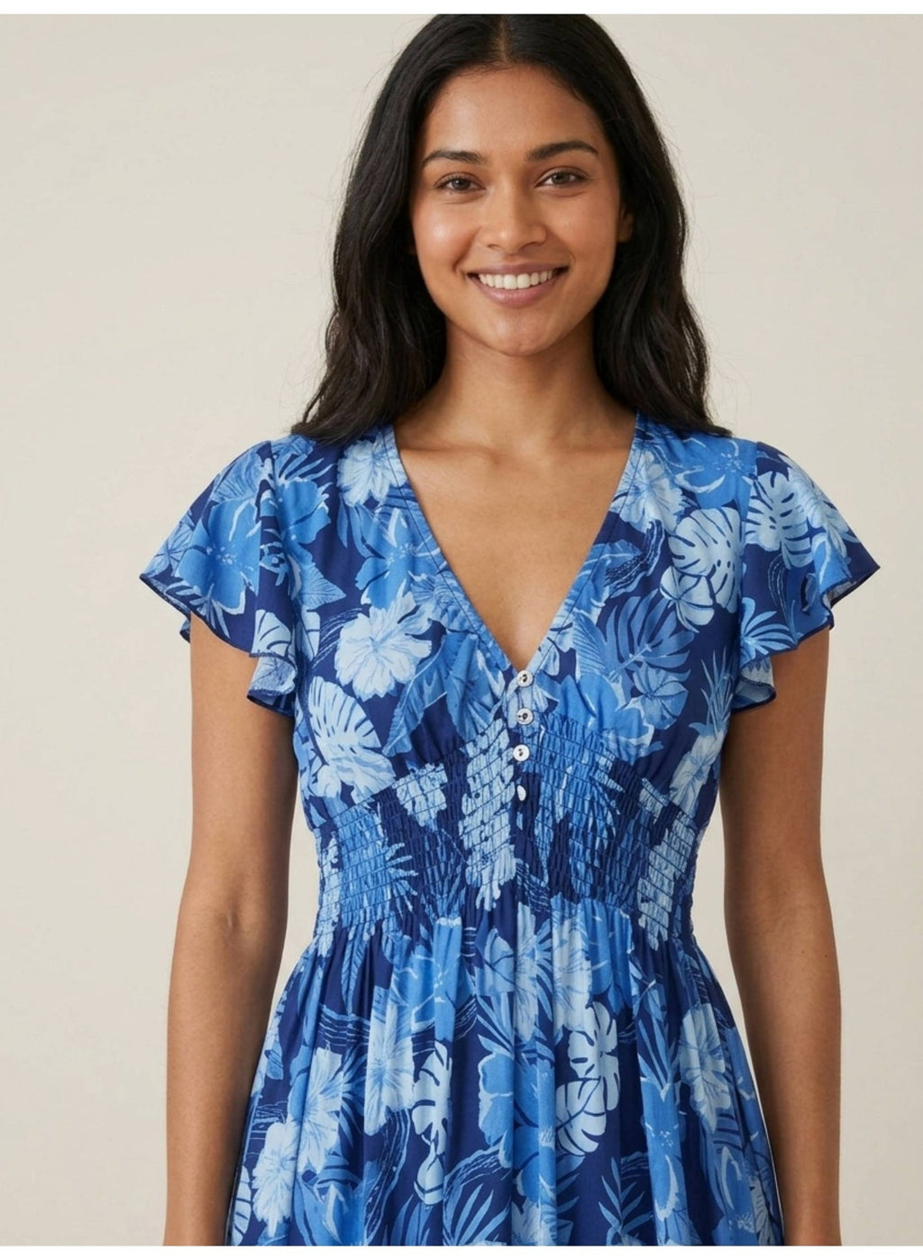 Blue Floral V-Neck Dress With Flutter Sleeves