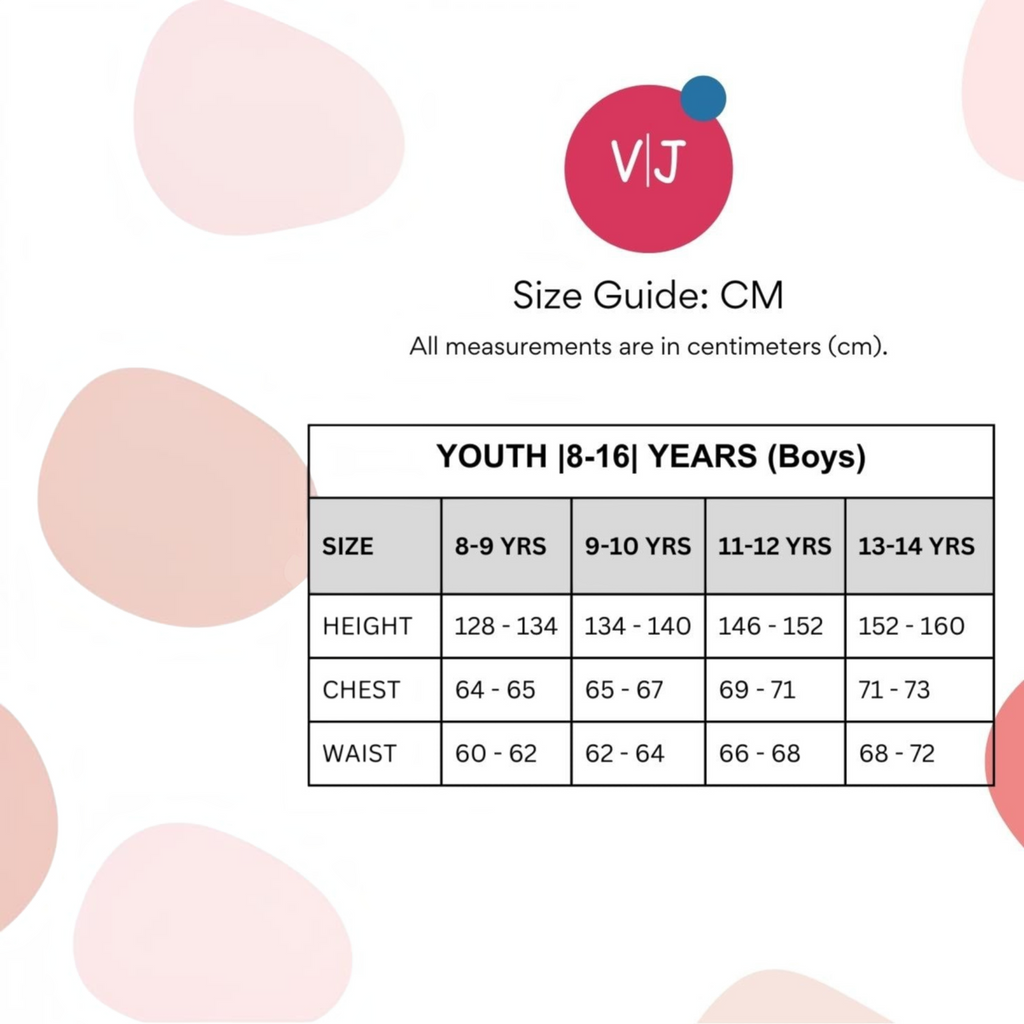 victor and jane youth boys size guide chart in centimeters for ages 8 to 14 years