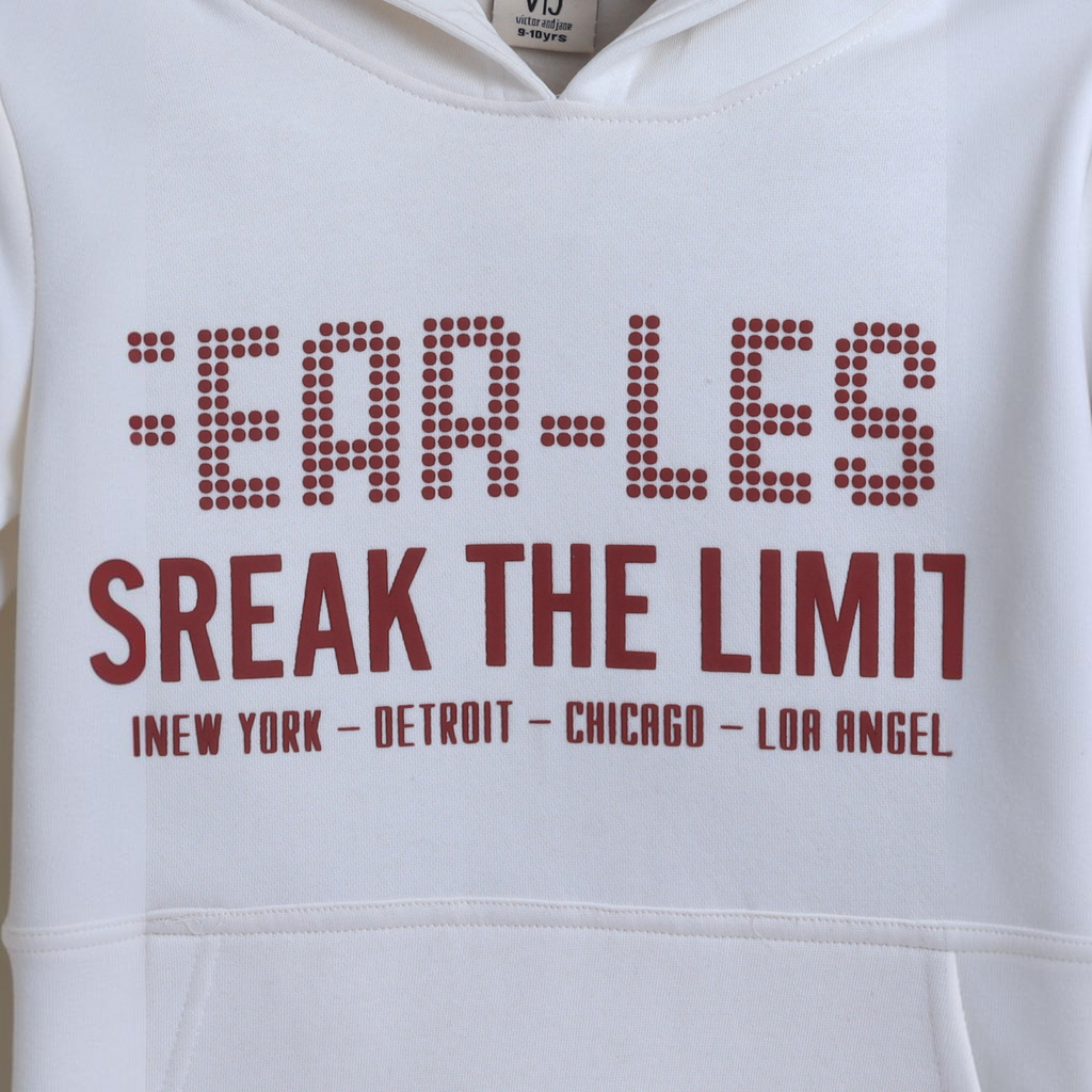 victor and jane boys white hooded sweatshirt with red graphic text print on the chest