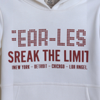 victor and jane boys white hooded sweatshirt with red graphic text print on the chest