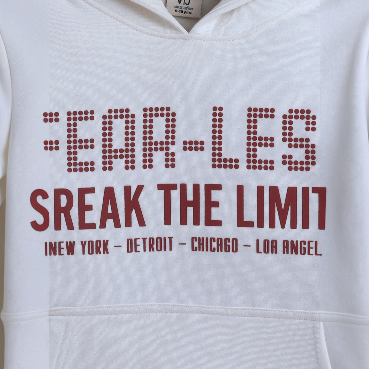 victor and jane boys white hooded sweatshirt with red graphic text print on the chest
